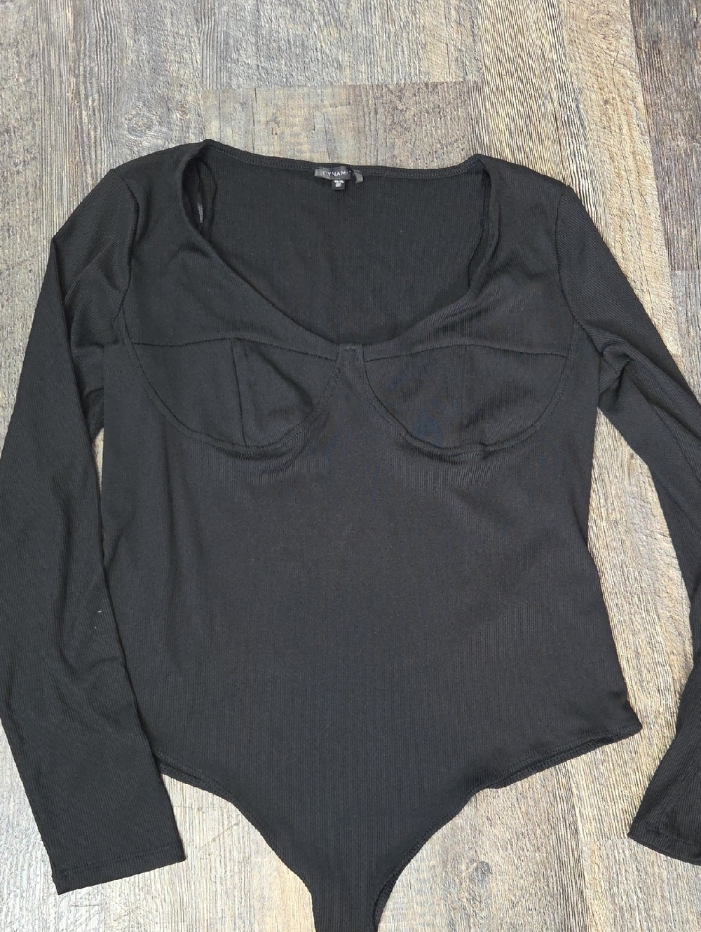 Dynamite Black Ribbed Long-Sleeve Scoop-Neck Bodysuit